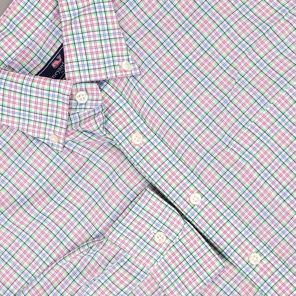 Vineyard Vines Shirt Mens Medium Pink Green Plaid Classic Fit Murray Button Down